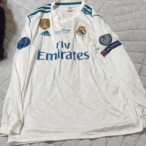 adidas Real Madrid Long Sleeve Home Jersey - White/Teal Accent